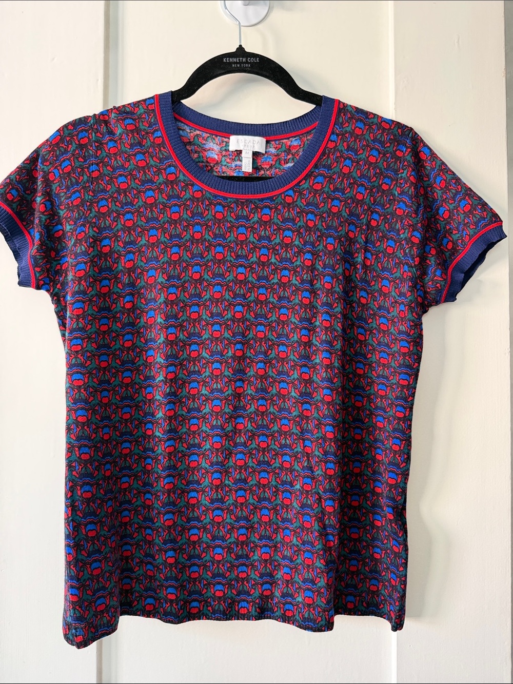 Escada Navy Sweater with Red & Blue Geometric Print 100% wool M